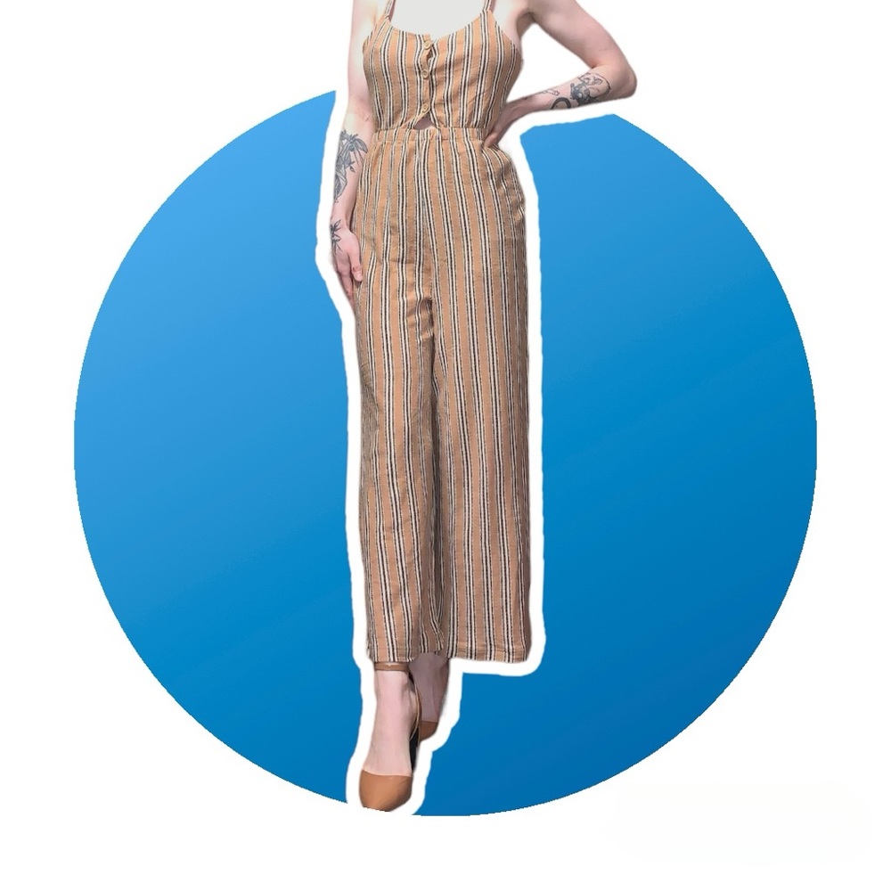 Ardene | Striped Jumpsuit With Cut Out Back | Beige, Black & White